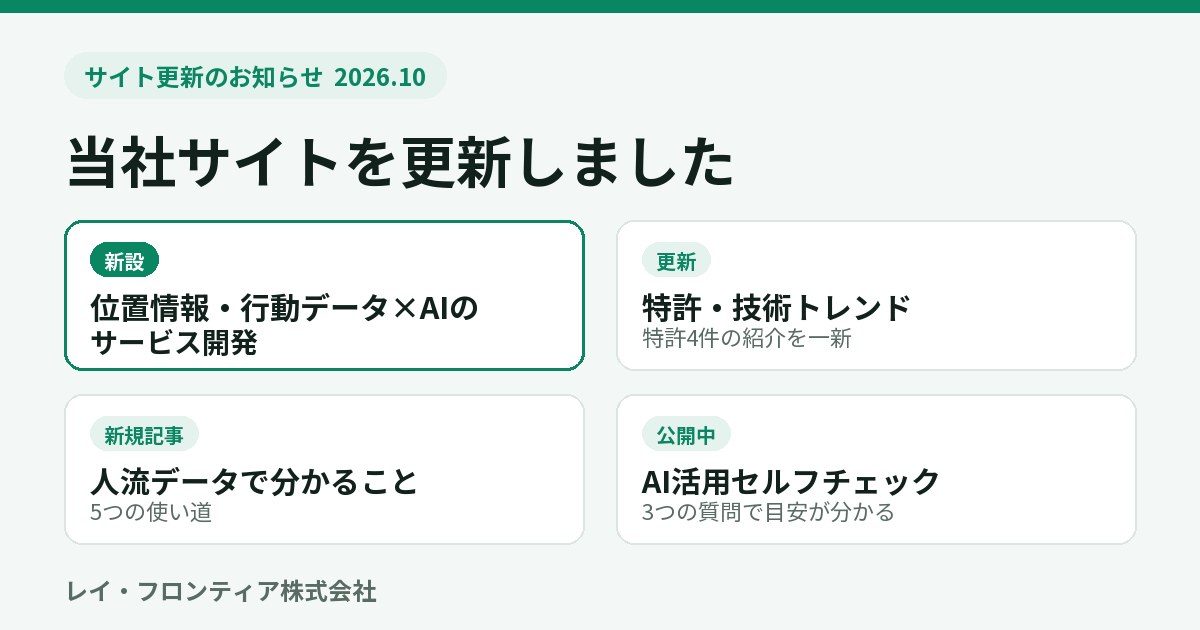 サイト更新のお知らせ(2026年10月):位置情報・行動データ×AIのサービス開発の新設、特許・技術トレンドの更新、記事「人流データで分かること」、AI活用セルフチェック